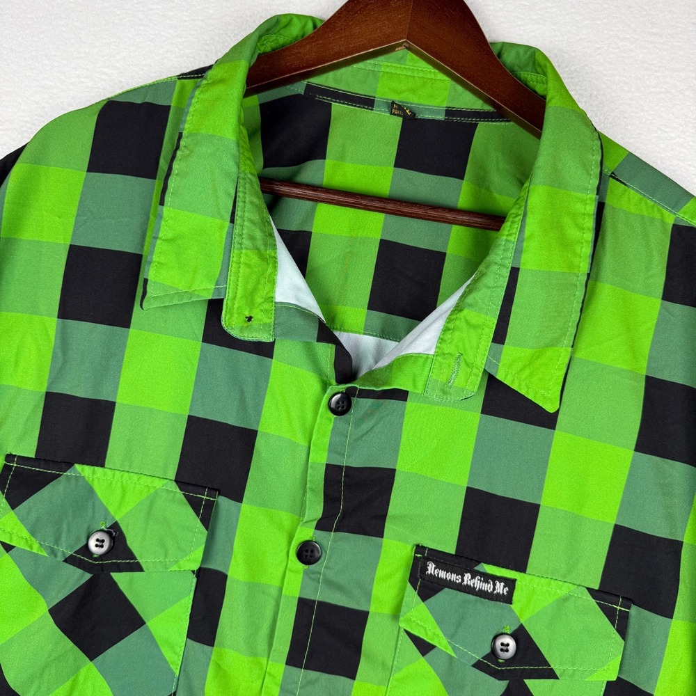 Demons Behind Me Button Up Shirt Mens 4XL Green Black Checkered Alt Grunge
